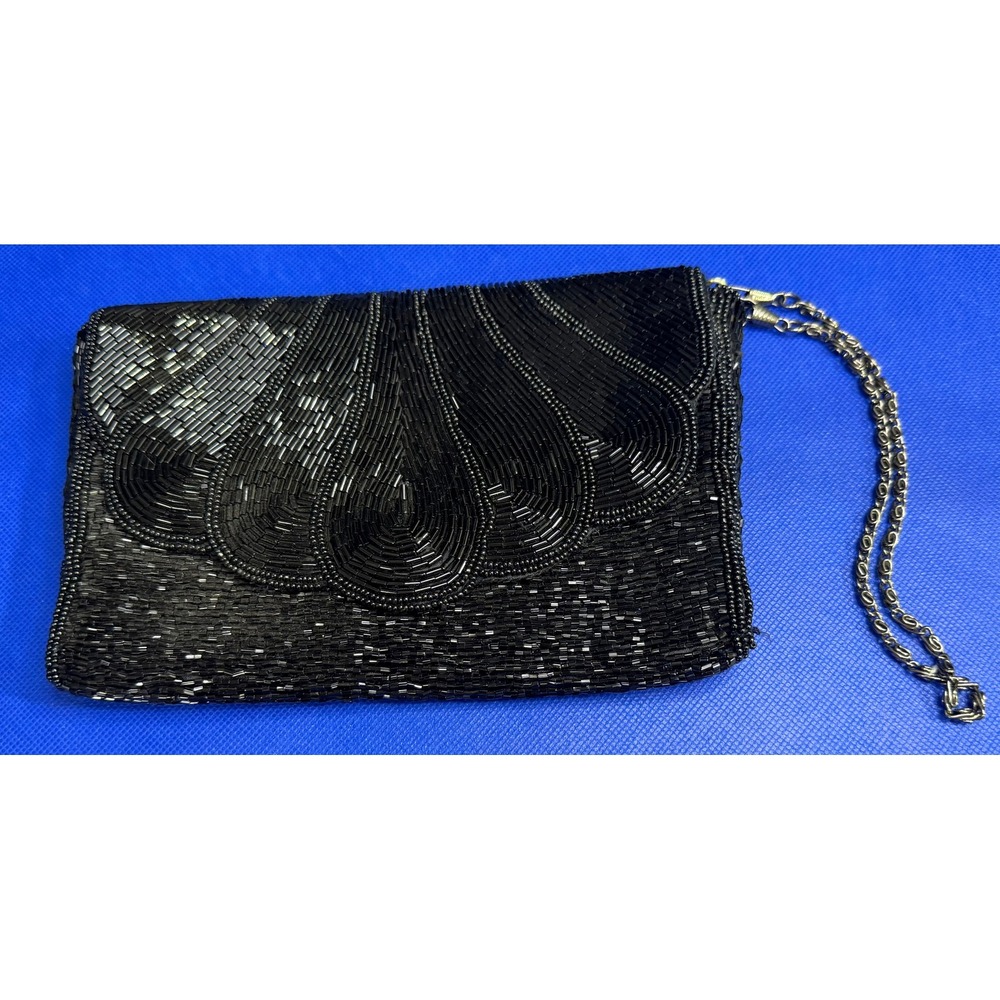 L Regale Vintage Black Beaded Evening Clutch Bag with‎ Chain Strap